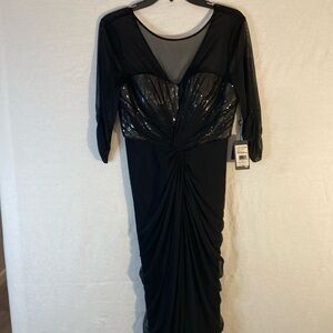 Adrianna Papell Illusion Black Sequin Long Dress 3/4 Sleeve
